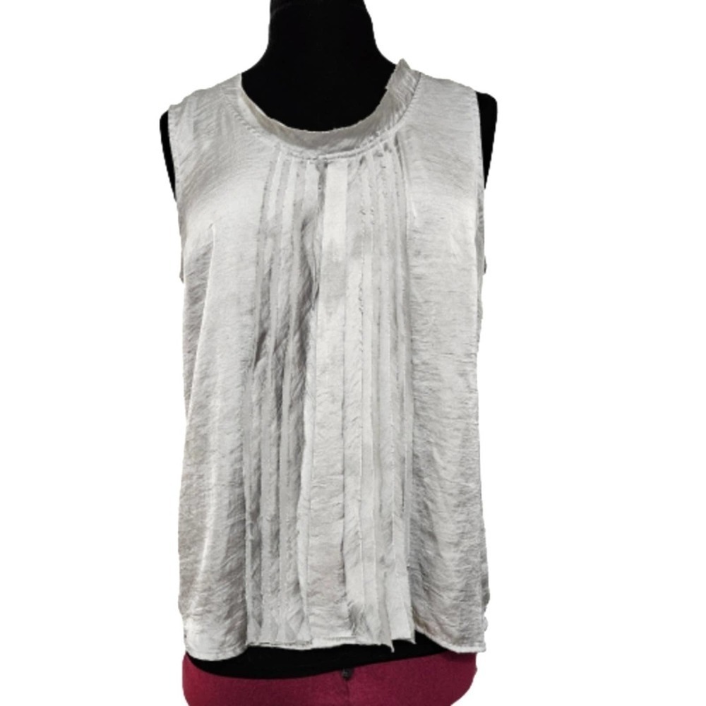 Adiva Silky Raw Hem Neckline Sleeveless Ruffled Front Silver Top XL